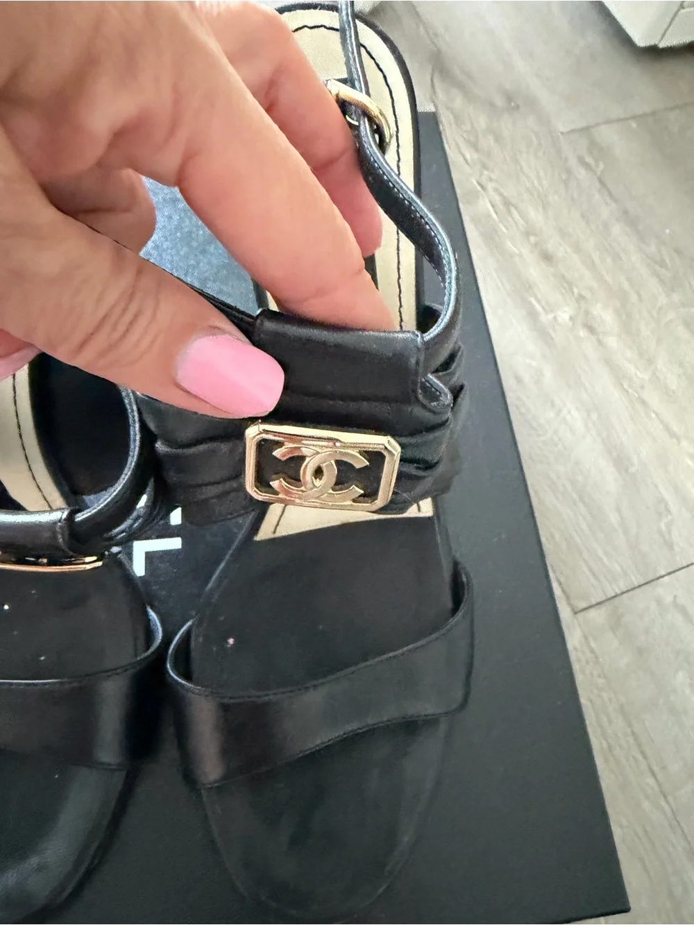 CHANEL Black Leather Sandals with Gold CC Emblem